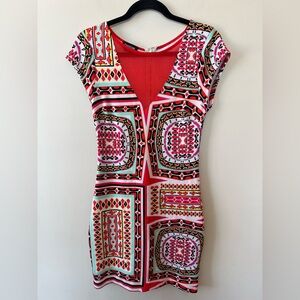 Bebe Sheath Mini Dress Women M Plunge Neckline Cap Sleeve Fitted Colorful Summer